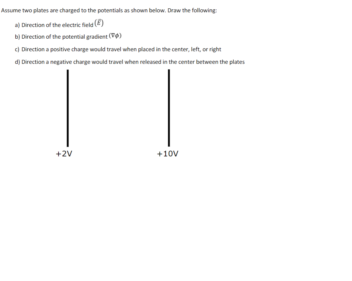 Assume two plates are charged to the potentials as shown below. Draw the following:
a) Direction of the electric field (E)
b) Direction of the potential gradient (Vo)
c) Direction a positive charge would travel when placed in the center, left, or right
d) Direction a negative charge would travel when released in the center between the plates
+2V
+10V