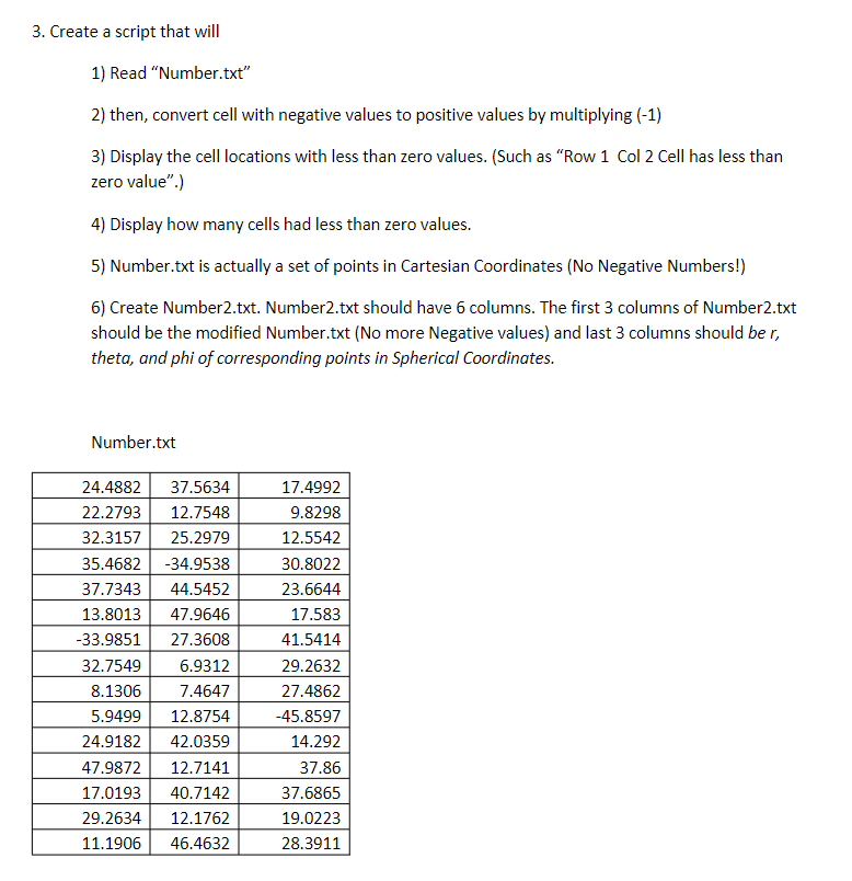 3. Create a script that will
1) Read "Number.txt"
2) then, convert cell with negative values to positive values by multiplying (-1)
3) Display the cell locations with less than zero values. (Such as "Row 1 Col 2 Cell has less than
zero value".)
4) Display how many cells had less than zero values.
5) Number.txt is actually a set of points in Cartesian Coordinates (No Negative Numbers!)
6) Create Number2.txt. Number2.txt should have 6 columns. The first 3 columns of Number2.txt
should be the modified Number.txt (No more Negative values) and last 3 columns should be r,
theta, and phi of corresponding points in Spherical Coordinates.
Number.txt
24.4882 37.5634
22.2793 12.7548
32.3157 25.2979
35.4682 -34.9538
37.7343 44.5452
13.8013 47.9646
-33.9851 27.3608
32.7549 6.9312
8.1306 7.4647
5.9499 12.8754
24.9182 42.0359
47.9872 12.7141
17.0193 40.7142
29.2634 12.1762
11.1906 46.4632
17.4992
9.8298
12.5542
30.8022
23.6644
17.583
41.5414
29.2632
27.4862
-45.8597
14.292
37.86
37.6865
19.0223
28.3911