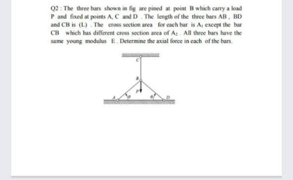 Q2 : The three bars shown in fig are pined at point B which carry a load
P and fixed at points A, C and D . The length of the three bars AB, BD
and CB is (L) . The cross section area for each bar is A, except the bar
CB which has different cross section area of As. All three bars have the
same young modulus E. Determine the axial force in each of the bars.
