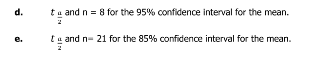 d.
ta and n = 8 for the 95% confidence interval for the mean.
е.
ta and n= 21 for the 85% confidence interval for the mean.
2
