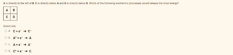 A is directly to the left of B. C is directly below A and D is directly below B. Which of the following exothermic processes would release the most energy?
A B
с
D
Select one:
a C+e → C-
O b. At+e → A
OC. A+e → A
O d. C+eC