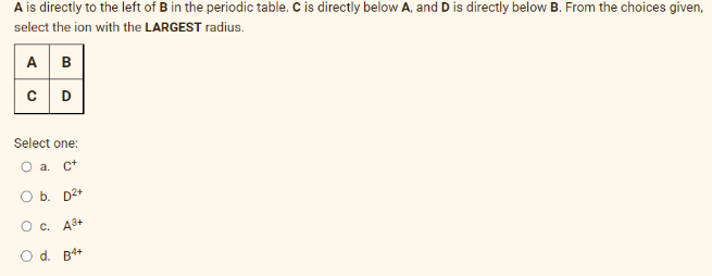 A is directly to the left of B in the periodic table. C is directly below A, and D is directly below B. From the choices given,
select the ion with the LARGEST radius.
A B
CD
Select one:
O a. C+
b. D2+
C. A3+
O d. B4+