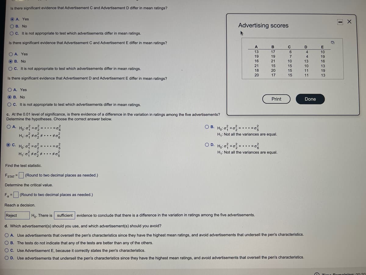 Is there significant evidence that Advertisement C and Advertisement D differ in mean ratings?
A. Yes
O B. No
Advertising scores
OC. It is not appropriate to test which advertisements differ in mean ratings.
Is there significant evidence that Advertisement C and Advertisement E differ in mean ratings?
A
B
D
13
17
4
10
A. Yes
19
19
7
4
19
B. No
16
21
10
13
16
21
15
15
10
13
19
13
OC. It is not appropriate to test which advertisements differ in mean ratings.
18
20
15
11
11
20
17
15
Is there significant evidence that Advertisement D and Advertisement E differ in mean ratings?
O A. Yes
O B. No
Print
Done
OC. It is not appropriate to test which advertisements differ in mean ratings.
c. At the 0.01 level of significance, is there evidence of a difference in the variation in ratings among the five advertisements?
Determine the hypotheses. Choose the correct answer below.
O A. Ho o =o = ..
O B. Ho: o = 0, = . · · = 0
%3D
H,: Not all the variances are equal.
O D. Ho: o =0 = ..
C. Ho o =0=
H,: o +o + ... +
= ...
%3D
H.: Not all the variances are equal.
Find the test statistic.
FSTAT = (Round to two decimal places as needed.)
%3D
Determine the critical value.
F = (Round to two decimal places as needed.)
!!
Reach a decision.
Reject
Hn. There is sufficient evidence to conclude that there is a difference in the variation in ratings among the five advertisements.
d. Which advertisement(s) should you use, and which advertisement(s) should you avoid?
O A. Use advertisements that oversell the pen's characteristics since they have the highest mean ratings, and avoid advertisements that undersell the pen's characteristics.
O B. The tests do not indicate that any of the tests are better than any of the others.
C. Use Advertisement E, because it correctly states the pen's characteristics.
D. Use advertisements that undersell the pen's characteristics since they have the highest mean ratings, and avoid advertisements that oversell the pen's characteristics.
n Domnining: 00:20
