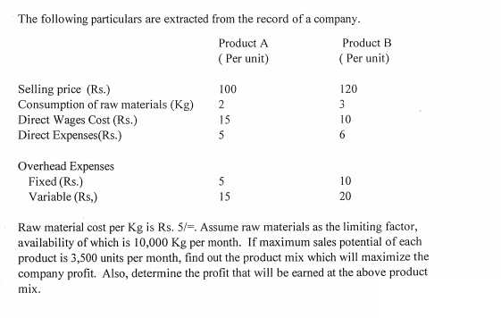 The following particulars are extracted from the record of a company.
Product A
Product B
( Per unit)
( Per unit)
Selling price (Rs.)
Consumption of raw materials (Kg)
Direct Wages Cost (Rs.)
Direct Expenses(Rs.)
100
120
2
3
15
10
5
6.
Overhead Expenses
Fixed (Rs.)
Variable (Rs,)
10
15
20
Raw material cost per Kg is Rs. 5/=. Assume raw materials as the limiting factor,
availability of which is 10,000 Kg per month. If maximum sales potential of each
product is 3,500 units per month, find out the product mix which will maximize the
company profit. Also, determine the profit that will be earned at the above product
mix.
