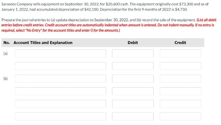 Sarasota Company sells equipment on September 30, 2022, for $20,600 cash. The equipment originally cost $73,300 and as of
January 1, 2022, had accumulated depreciation of $42,100. Depreciation for the first 9 months of 2022 is $4,750.
Prepare the journal entries to (a) update depreciation to September 30, 2022, and (b) record the sale of the equipment. (List all debit
entries before credit entries. Credit account titles are automatically indented when amount is entered. Do not indent manually. If no entry is
required, select "No Entry" for the account titles and enter O for the amounts.)
No. Account Titles and Explanation
(a)
(b)
Debit
11
Credit