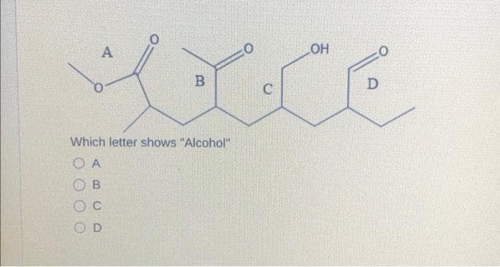 VOLLE
B
C
A
Which letter shows "Alcohol"
OA
B
D
LOH
D