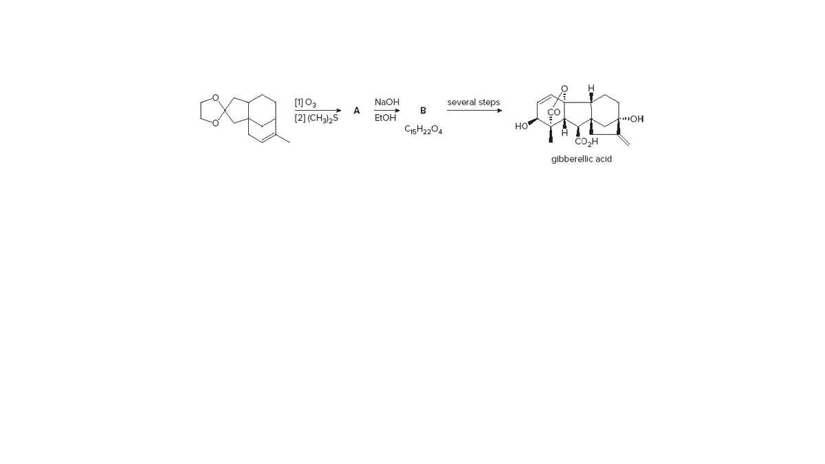 [1] 03
NaOH
several steps
A
B
ELOH
C15H2204
[2] (CH3),5
OH
HO
Co,H
gibberellic acid
