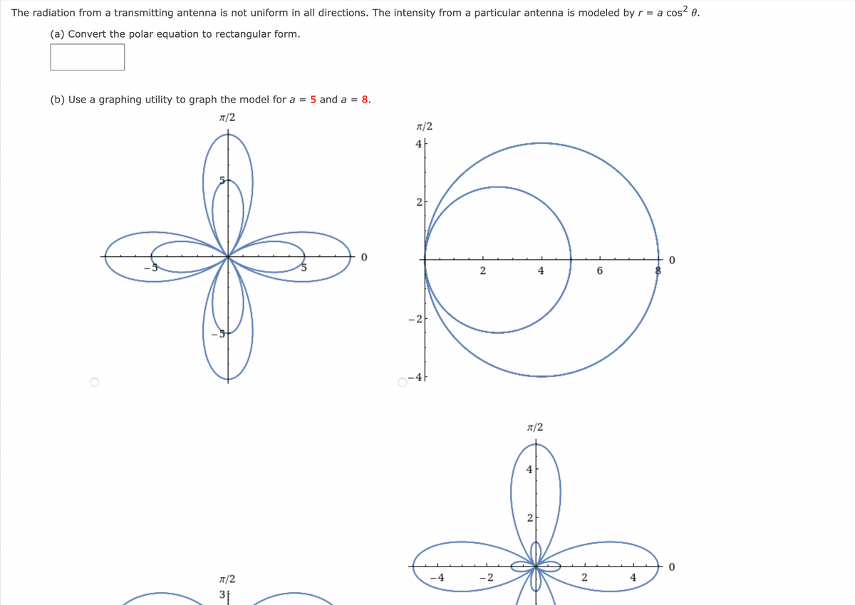 The radiation from a transmitting antenna is not uniform in all directions. The intensity from a particular antenna is modeled by r = a cos² 0.
(a) Convert the polar equation to rectangular form.
(b) Use a graphing utility to graph the model for a = 5 and a = 8.
π/2
ㅠ/2
3
2
π/2
2
-2
-4
2
-2
π/2
4
2
2
6
4
0