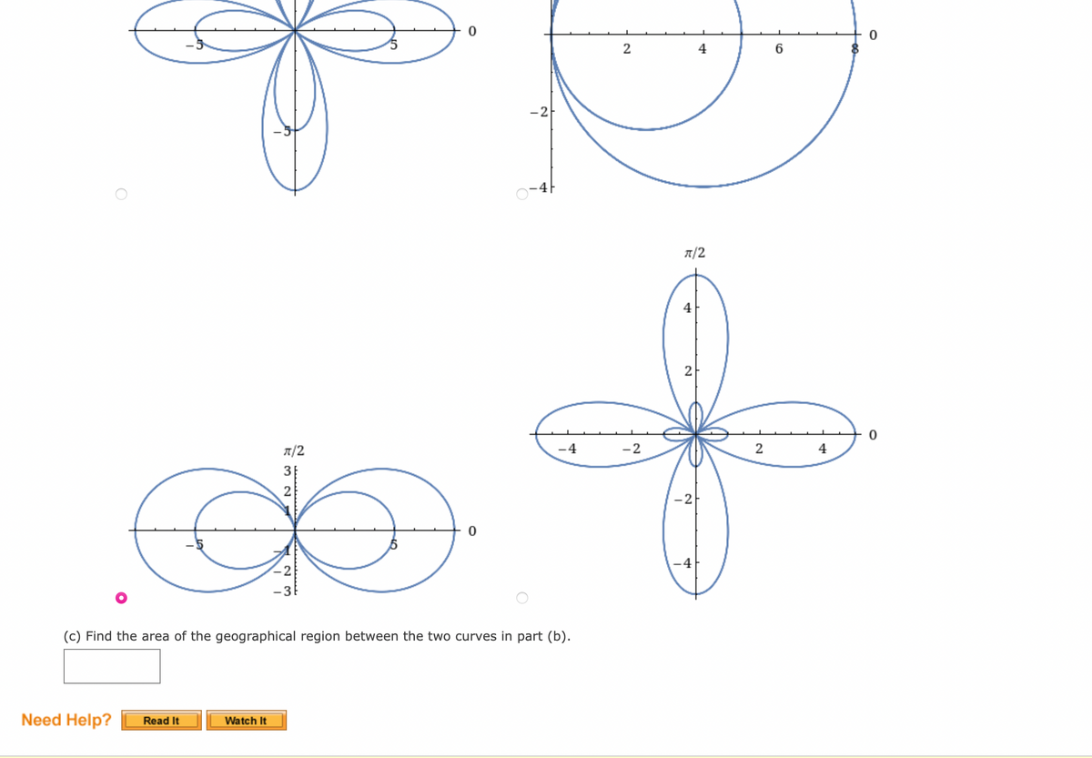 Need Help?
Read It
π/2
Watch It
K327
ܝܢܝܝܝܝܢܝܝܝܝܢ
N
-3
0
9.
0
(c) Find the area of the geographical region between the two curves in part (b).
-2
-4
2
-2
π/2
4
2
4
-2
2
6
4
0