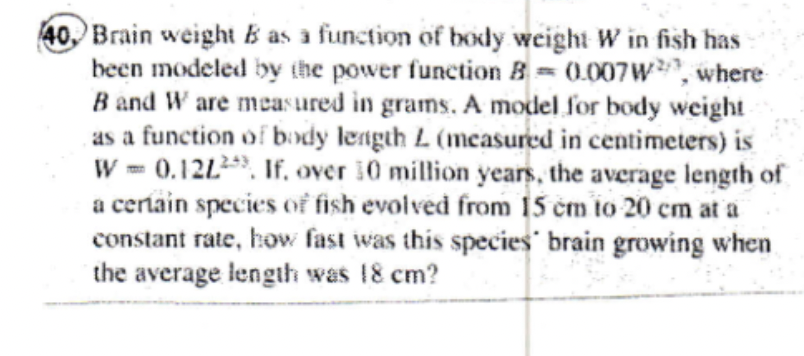 40. Brain weight B as a function of body weight W in fish has
been modeled by the power function B 0.007W, where
B and W are measured in grams. A model for body weight
as a function of body length L (measured in centimeters) is
W 0.1222 If, over 10 million years, the average length of
a certain species of fish evolved from 15 cm to 20 cm at a
constant rate, how fast was this species brain growing when
the average length was 18 cm?