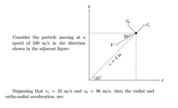 Consider the particle moving at a
speed of 100 m/s in the direction
shown in the adjacent figure.
30
r = 4 m
Supposing that v, = 25 m/s and vo = 96 m/s, then the radial and
ortho-radial acceleration, are:
