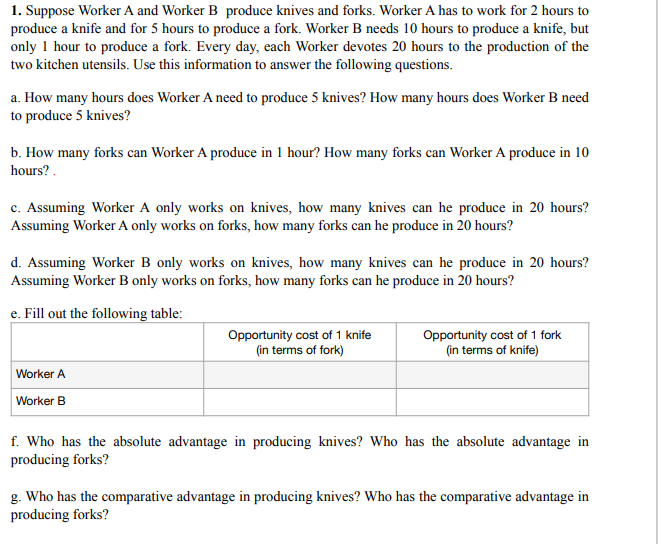 1. Suppose Worker A and Worker B produce knives and forks. Worker A has to work for 2 hours to
produce a knife and for 5 hours to produce a fork. Worker B needs 10 hours to produce a knife, but
only 1 hour to produce a fork. Every day, each Worker devotes 20 hours to the production of the
two kitchen utensils. Use this information to answer the following questions.
a. How many hours does Worker A need to produce 5 knives? How many hours does Worker B need
to produce 5 knives?
b. How many forks can Worker A produce in 1 hour? How many forks can Worker A produce in 10
hours? .
c. Assuming Worker A only works on knives, how many knives can he produce in 20 hours?
Assuming Worker A only works on forks, how many forks can he produce in 20 hours?
d. Assuming Worker B only works on knives, how many knives can he produce in 20 hours?
Assuming Worker B only works on forks, how many forks can he produce in 20 hours?
e. Fill out the following table:
Opportunity cost of 1 knife
(in terms of fork)
Opportunity cost of 1 fork
(in terms of knife)
Worker A
Worker B
f. Who has the absolute advantage in producing knives? Who has the absolute advantage in
producing forks?
g. Who has the comparative advantage in producing knives? Who has the comparative advantage in
producing forks?
