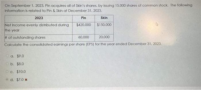 On September 1, 2023, Pin acquires all of Skin's shares, by issuing 15,000 shares of common stock. The following
information is related to Pin & Skin at December 31, 2023.
2023
a. $9.0
O b. $8.0
c. $10.0
@d. $7.0 x
Pin
$420,000
Skin
$150,000
Net Income evenly distributed during
the year
60.000
20,000
# of outstanding shares
Calculate the consolidated earnings per share (EPS) for the year ended December 31, 2023.