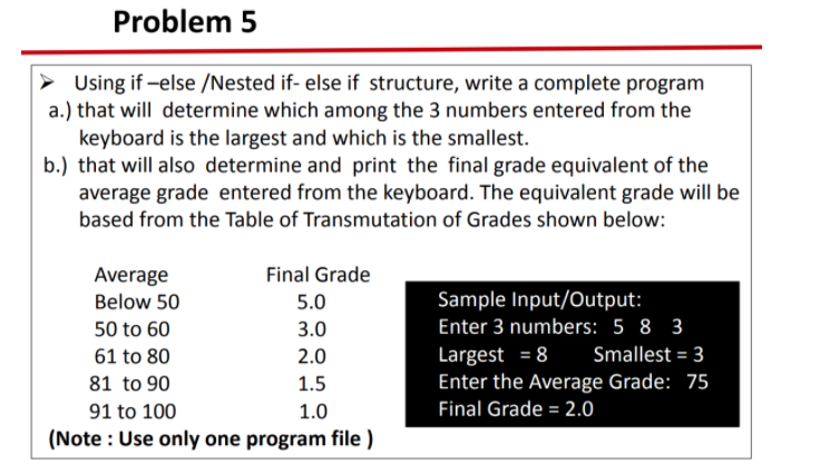 Problem 5
Using if -else /Nested if- else if structure, write a complete program
a.) that will determine which among the 3 numbers entered from the
keyboard is the largest and which is the smallest.
b.) that will also determine and print the final grade equivalent of the
average grade entered from the keyboard. The equivalent grade will be
based from the Table of Transmutation of Grades shown below:
Average
Final Grade
Below 50
5.0
Sample Input/Output:
50 to 60
3.0
Enter 3 numbers: 5 8 3
Largest = 8
Enter the Average Grade: 75
61 to 80
2.0
Smallest = 3
81 to 90
1.5
91 to 100
1.0
Final Grade = 2.0
(Note : Use only one program file )
