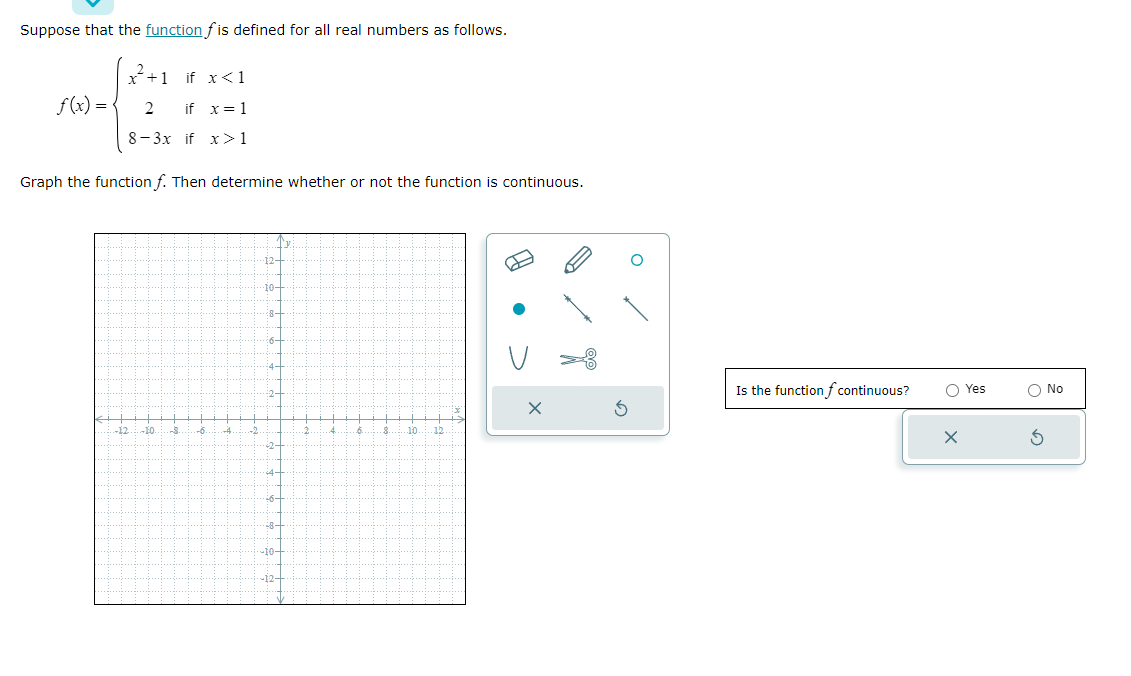 Suppose that the function fis defined for all real numbers as follows.
f(x) =
x+1 if x < 1
2
if x = 1
8-3x if x>1
Graph the function f. Then determine whether or not the function is continuous.
-12 -10. -S
6
-4
-2
12-
10
86-
-b:
2-
62-
4-
:6-
:8-
-10-
-12-
2.
4
.6.
8. 10 12
A
X
5
Is the function f continuous?
X
Yes
5
No