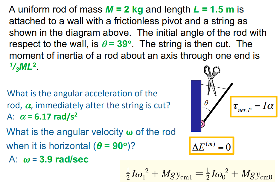 A uniform rod of mass M = 2 kg and length L = 1.5 m is
attached to a wall with a frictionless pivot and a string as
shown in the diagram above. The initial angle of the rod with
respect to the wall, is = 39º. The string is then cut. The
moment of inertia of a rod about an axis through one end is
1/3ML².
What is the angular acceleration of the
rod, a, immediately after the string is cut?
A: a = 6.17 rad/s²
What is the angular velocity w of the rod
when it is horizontal (0 = 90°)?
A: w 3.9 rad/sec
0
ΔΕ(m) = 0
T
net, P
= la
2
2
Iw₁² + MgYcm1 = Iw² + MgYcm0