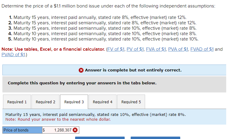 Determine the price of a $1.1 million bond issue under each of the following independent assumptions:
1. Maturity 15 years, interest paid annually, stated rate 8%, effective (market) rate 12%.
2. Maturity 15 years, interest paid semiannually, stated rate 8%, effective (market) rate 12%.
3. Maturity 15 years, interest paid semiannually, stated rate 10%, effective (market) rate 8%.
4. Maturity 10 years, interest paid semiannually, stated rate 10%, effective (market) rate 8%.
5. Maturity 10 years, interest paid semiannually, stated rate 10%, effective (market) rate 10%.
Note: Use tables, Excel, or a financial calculator. (FV of $1, PV of $1, FVA of $1, PVA of $1, FVAD of $1 and
PVAD of $1.)
Answer is complete but not entirely correct.
Complete this question by entering your answers in the tabs below.
Required 1
Required 2 Required 3
Required 4
Required 5
Maturity 15 years, interest paid semiannually, stated rate 10%, effective (market) rate 8%.
Note: Round your answer to the nearest whole dollar.
Price of bonds
$
1,288,307 ×