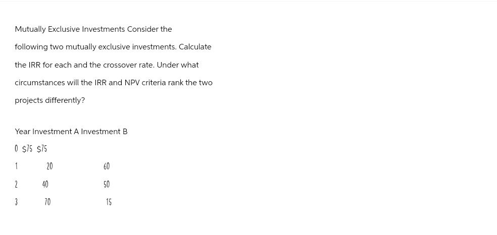 Mutually Exclusive Investments Consider the
following two mutually exclusive investments. Calculate
the IRR for each and the crossover rate. Under what
circumstances will the IRR and NPV criteria rank the two
projects differently?
Year Investment A Investment B
0 $75 $75
1
20
60
2
40
50
3
70
15