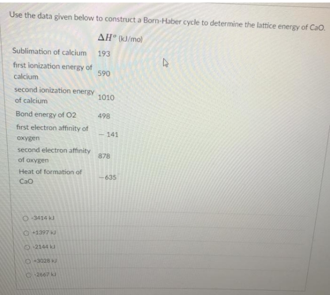 Use the data given below to construct a Born-Haber cycle to determine the lattice energy of CaO.
AH (kJ/mo)
Sublimation of calcium
193
first ionization energy of
590
calcium
second ionization energy
1010
of calcium
Bond energy of 02
498
first electron affinity of
141
охуgen
second electron affinity
878
of oxygen
Heat of formation of
– 635
Cao
O -3414 kJ
O+1397 kJ
1.2144 kJ
O+3028 kJ
O2667 k
