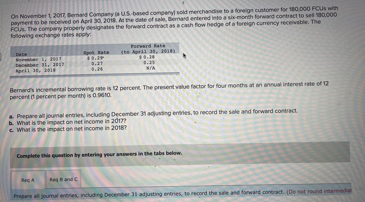 On November 1, 2017, Bernard Company (a U.S.-based company) sold merchandise to a foreign customer for 180,000 FCUS with
payment to be received on April 30, 2018. At the date of sale, Bernard entered into a six-month forward contract to sell 180,000
FCUS. The company properly designates the forward contract as a cash flow hedge of a foreign currency receivable. The
following exchange rates apply:
Forward Rate
Spot Rate
$0.29
Date
(to April 30, 2018)
$ 0.28
November 1, 2017
December 31, 2017
April 30, 2018
0.27
0.25
0.26
N/A
Bernard's incremental borrowing rate is 12 percent. The present value factor for four months at an annual interest rate of 12
percent (1 percent per month) is 0.9610.
a. Prepare all journal entries, including December 31 adjusting entries, to record the sale and forward contract.
b. What is the impact on net income in 2017?
C. What is the impact on net income in 2018?
Complete this question by entering your answers in the tabs below.
Req A
Req B and C
Prepare all journal entries, including December 31 adjusting entries, to record the sale and forward contract. (Do not round intermediat
