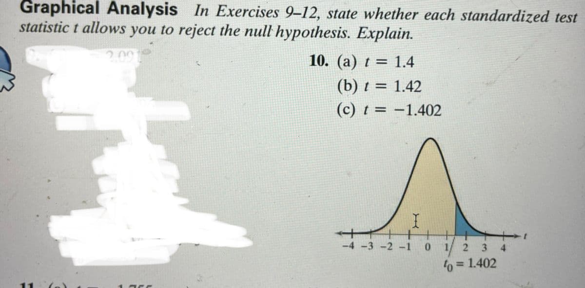 Graphical Analysis In Exercises 9-12, state whether each standardized test
statistic t allows you to reject the null hypothesis. Explain.
2.091
10. (a) t = 1.4
(b) t = 1.42
(c) t = -1.402
-4 -3-2 1
1/ 2
o = 1.402
0.
3 4
11
