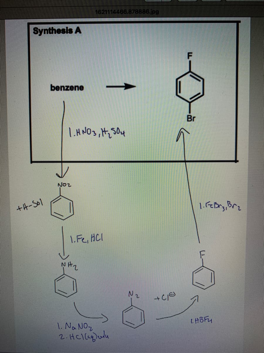 1621114466.878886.jpg
Synthesis A
benzene
Br
NO2
+4-Sol
L.Fe, HCI
NH2
1. Na NOz
LABF4
