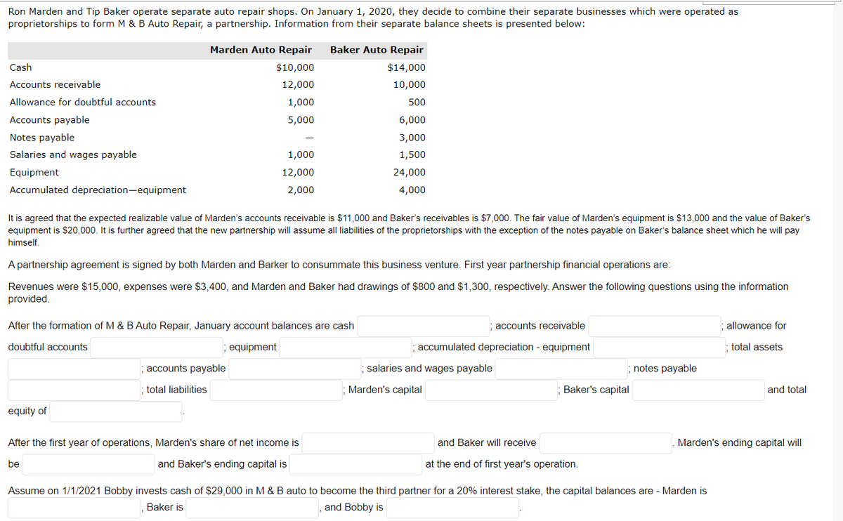 Ron Marden and Tip Baker operate separate auto repair shops. On January 1, 2020, they decide to combine their separate businesses which were operated as
proprietorships to form M & B Auto Repair, a partnership. Information from their separate balance sheets is presented below:
Cash
Accounts receivable
Allowance for doubtful accounts
Accounts payable
Notes payable
Salaries and wages payable
Equipment
Accumulated depreciation-equipment
Marden Auto Repair
$10,000
12,000
1,000
5,000
equity of
1,000
12,000
2,000
It is agreed that the expected realizable value of Marden's accounts receivable is $11,000 and Baker's receivables is $7,000. The fair value of Marden's equipment is $13,000 and the value of Baker's
equipment is $20,000. It is further agreed that the new partnership will assume all liabilities of the proprietorships with the exception of the notes payable on Baker's balance sheet which he will pay
himself.
; accounts payable
; total liabilities
Baker Auto Repair
$14,000
10,000
500
6,000
3,000
1,500
A partnership agreement is signed by both Marden and Barker to consummate this business venture. First year partnership financial operations are:
Revenues were $15,000, expenses were $3,400, and Marden and Baker had drawings of $800 and $1,300, respectively. Answer the following questions using the information
provided.
After the formation of M & B Auto Repair, January account balances are cash
doubtful accounts
equipment
24,000
4,000
After the first year of operations, Marden's share of net income is
be
and Baker's ending capital is
accounts receivable
accumulated depreciation - equipment
; salaries and wages payable
Marden's capital
; notes payable
;Baker's capital
and Baker will receive
at the end of first year's operation.
allowance for
Assume on 1/1/2021 Bobby invests cash of $29,000 in M & B auto to become the third partner for a 20% interest stake, the capital balances are - Marden is
Baker is
and Bobby is
total assets
and total
Marden's ending capital will