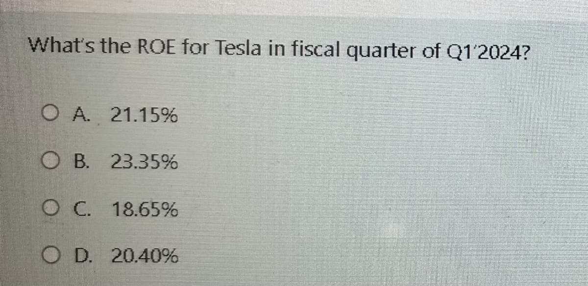 What's the ROE for Tesla in fiscal quarter of Q1'2024?
O A. 21.15%
OB. 23.35%
O C. 18.65%
OD. 20.40%