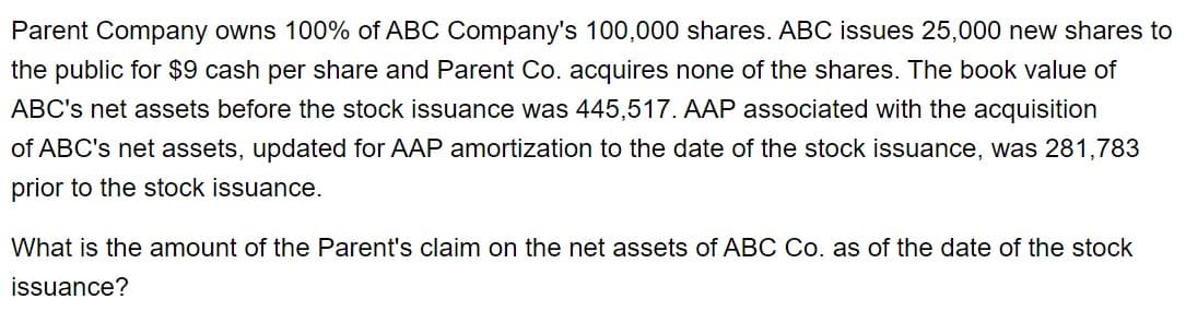 Parent Company owns 100% of ABC Company's 100,000 shares. ABC issues 25,000 new shares to
the public for $9 cash per share and Parent Co. acquires none of the shares. The book value of
ABC's net assets before the stock issuance was 445,517. AAP associated with the acquisition
of ABC's net assets, updated for AAP amortization to the date of the stock issuance, was 281,783
prior to the stock issuance.
What is the amount of the Parent's claim on the net assets of ABC Co. as of the date of the stock
issuance?