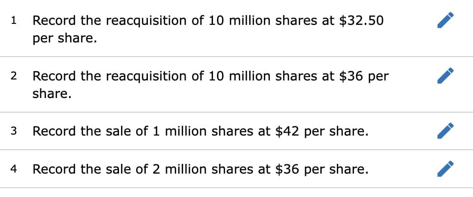 1
2
3
Record the reacquisition of 10 million shares at $32.50
per share.
Record the reacquisition of 10 million shares at $36 per
share.
Record the sale of 1 million shares at $42 per share.
4 Record the sale of 2 million shares at $36 per share.