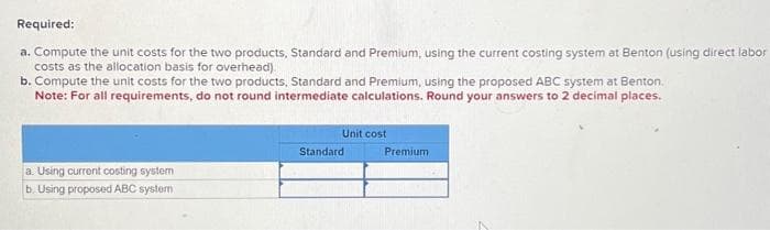 Required:
a. Compute the unit costs for the two products, Standard and Premium, using the current costing system at Benton (using direct labor
costs as the allocation basis for overhead).
b. Compute the unit costs for the two products, Standard and Premium, using the proposed ABC system at Benton.
Note: For all requirements, do not round intermediate calculations. Round your answers to 2 decimal places.
a. Using current costing system
b. Using proposed ABC system
Unit cost
Standard
Premium