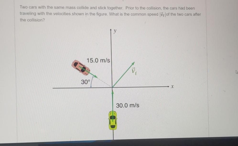 Two cars with the same mass collide and stick together. Prior to the collision, the cars had been
traveling with the velocities shown in the figure. What is the common speed
of the two cars after
the collision?
15.0 m/s
30°
y
30.0 m/s
X
D