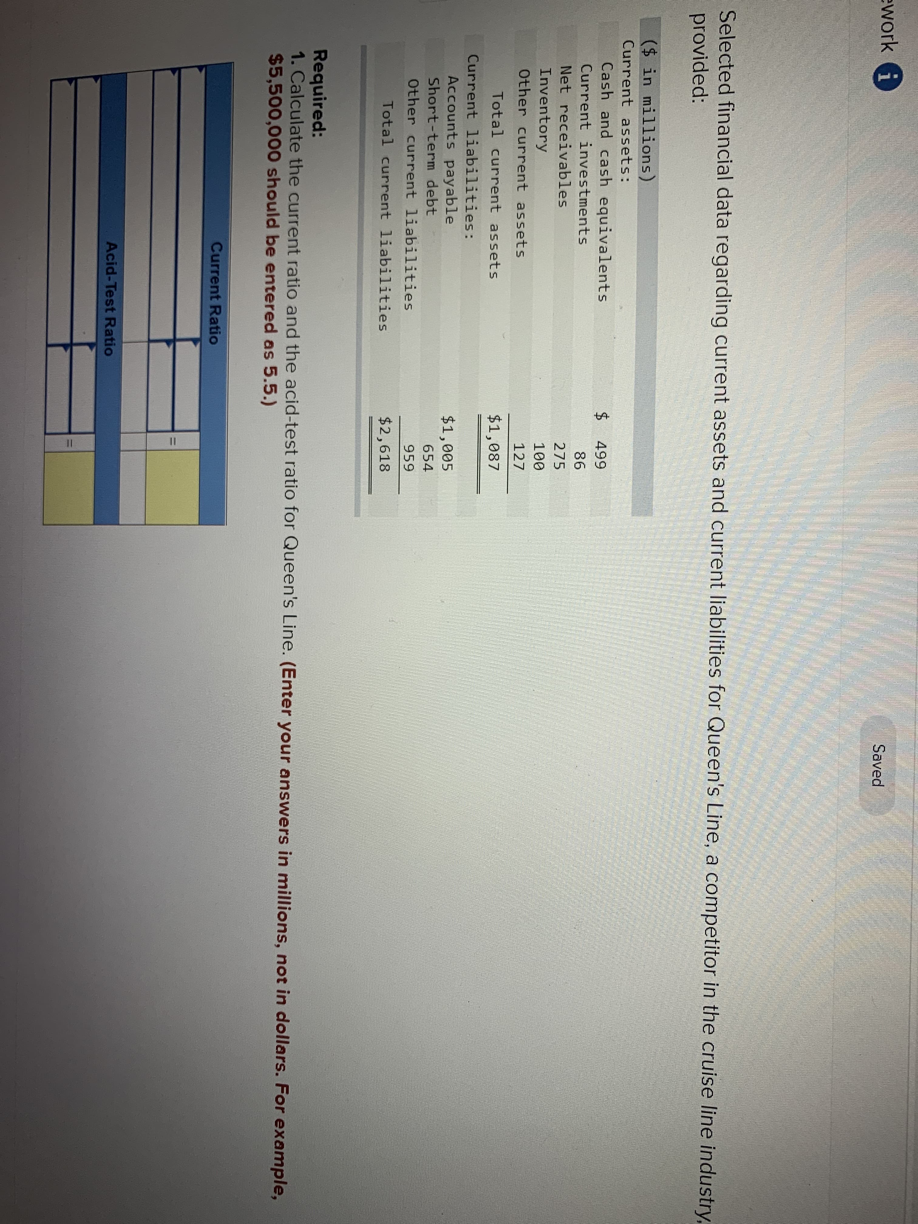 ework i
Saved
Selected financial data regarding current assets and current liabilities for Queen's Line, a competitor in the cruise line industry,
provided:
($ in millions)
Current assets:
Cash and cash equivalents
Current investments
Net receivables
Inventory
Other current assets
499
86
275
100
127
Total current assets
$1,087
Current liabilities:
Accounts payable
$1,005
Short-term debt
654
Other current liabilities
959
Total current liabilities
$2,618
Required:
1. Calculate the current ratio and the acid-test ratio for Queen's Line. (Enter your answers in millions, not in dollars. For example,
$5,500,000 should be entered as 5.5.)
Current Ratio
%3D
Acid-Test Ratio
%24
