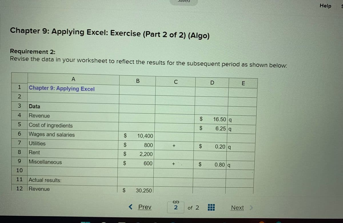 ved
Help
Chapter 9: Applying Excel: Exercise (Part 2 of 2) (Algo)
Requirement 2:
Revise the data in your worksheet to reflect the results for the subsequent period as shown below:
A
Chapter 9: Applying Excel
2.
Data
Revenue
16.50 q
Cost of ingredients
6.25 q
6.
6 Wages and salaries
10,400
Utilities
800
0.20 q
8.
Rent
2,200
6.
Miscellaneous
600
0.80 q
10
11
Actual results:
12 Revenue
30.250
< Prev
2.
of 2
Next>
....w. ..
* 事 NN..
%24
%24
%24
%24
%24
%24
%24
%24
%24
1.
3.
4.
