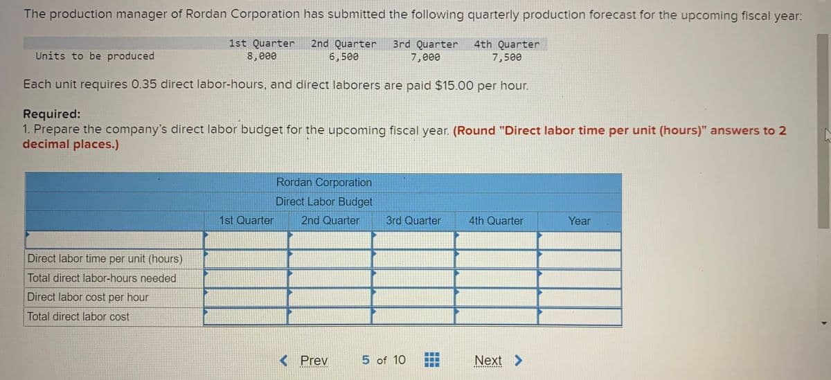 The production manager of Rordan Corporation has submitted the following quarterly production forecast for the upcoming fiscal year:
1st Quarter
8,000
2nd Quarter
3rd Quarter
7,000
4th Quarter
Units to be produced
6,500
7,500
Each unit requires 0.35 direct labor-hours, and direct laborers are paid $15.00 per hour.
Required:
1. Prepare the company's direct labor budget for the upcoming fiscal year. (Round "Direct labor time per unit (hours)" answers to 2
decimal places.)
Rordan Corporation
Direct Labor Budget
1st Quarter
2nd Quarter
3rd Quarter
4th Quarter
Year
Direct labor time per unit (hours)
Total direct labor-hours needed
Direct labor cost per hour
Total direct labor cost
< Prev
5 of 10
Next >
