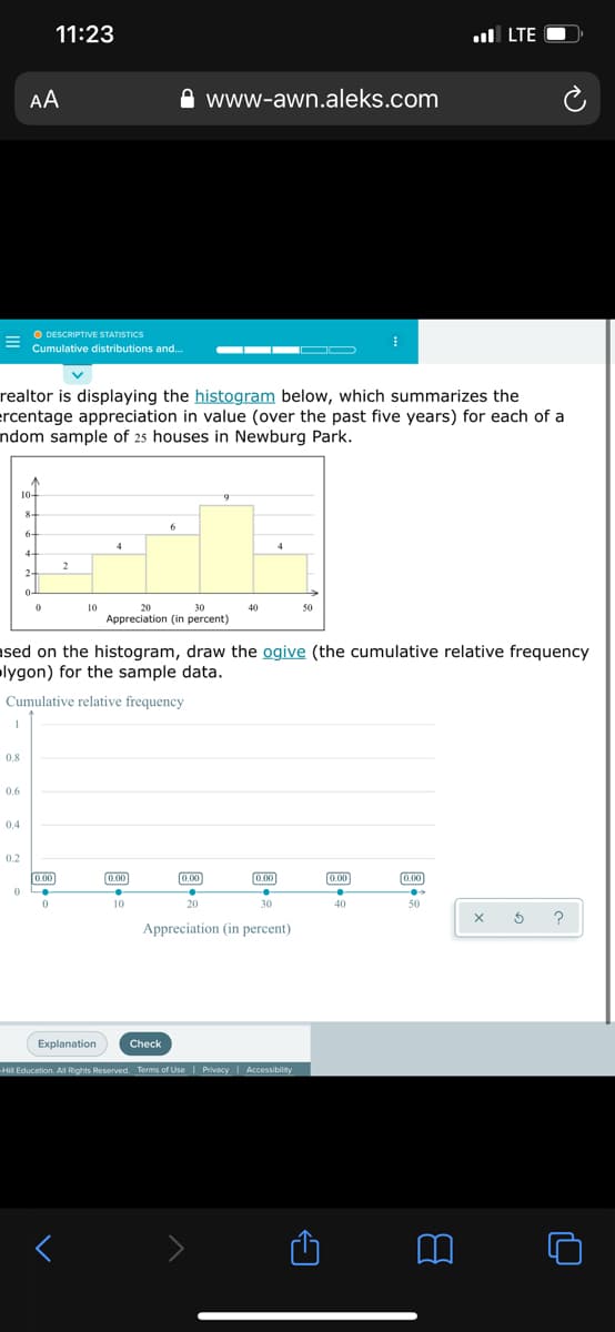 11:23
ul LTE O
AA
www-awn.aleks.com
O DESCRIPTIVE STATISTICS
Cumulative distributions and.
realtor is displaying the histogram below, which summarizes the
ercentage appreciation in value (over the past five years) for each of a
ndom sample of 25 houses in Newburg Park.
10-
8-
6-
4-
2-
0-
10
20
30
40
50
Appreciation (in percent)
ased on the histogram, draw the ogive (the cumulative relative frequency
lygon) for the sample data.
Cumulative relative frequency
0.8
0.6
0.4
0.2
0.00
0.00
0.00
0.00
0.00
0.00
10
20
30
40
50
?
Appreciation (in percent)
Explanation
Check
Hil Education. All Rights Reserved. Terms of Use Privacy | Accessibility
