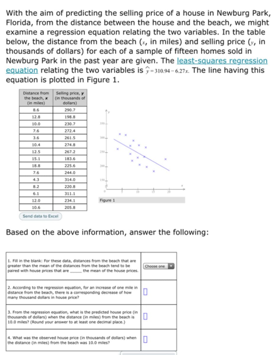 With the aim of predicting the selling price of a house in Newburg Park,
Florida, from the distance between the house and the beach, we might
examine a regression equation relating the two variables. In the table
below, the distance from the beach (x, in miles) and selling price (y, in
thousands of dollars) for each of a sample of fifteen homes sold in
Newburg Park in the past year are given. The least-squares regression
equation relating the two variables is î-310.94 – 6.27x. The line having this
equation is plotted in Figure 1.
Selling price, y
(in thousands of
dollars)
Distance from
the beach, x
(in miles)
8.6
290.7
12.8
198.8
10.0
230.7
350
7.6
272.4
3.6
261.5
300
10.4
274.8
12.5
267.2
250
15.1
183.6
18.8
225.6
200
7.6
244.0
4.3
314.0
150
8.2
220.8
6.1
311.1
12.0
234.1
Figure 1
10.6
205.8
Send data to Excel
Based on the above information, answer the following:
1. Fill in the blank: For these data, distances from the beach that are
greater than the mean of the distances from the beach tend to be
paired with house prices that are
Choose one
the mean of the house prices.
2. According to the regression equation, for an increase of one mile in
distance from the beach, there is a corresponding decrease of how
many thousand dollars in house price?
3. From the regression equation, what is the predicted house price (in
thousands of dollars) when the distance (in miles) from the beach is U
10.0 miles? (Round your answer to at least one decimal place.)
4. What was the observed house price (in thousands of dollars) when In
the distance (in miles) from the beach was 10.0 miles?
