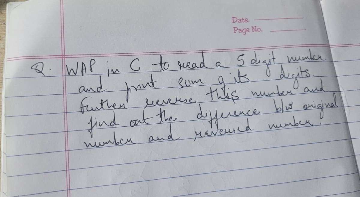 Date.
Page No.
Q. WAP in
and
C to read a 5 digit
its I digits.
number
print
som a its
further reverse this number and
find out the difference
number and revensed number
b/w
original