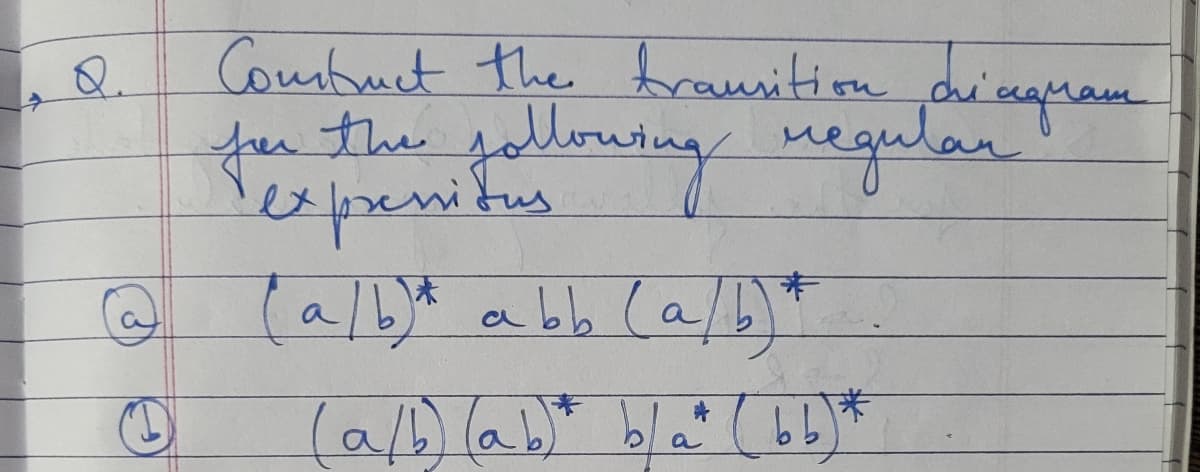 Q
Construct the transition di
per the following regular
expressitus
@ (a/b)* abb (a/b)*
(a/b) (ab)* b/a (66) *
сладчат