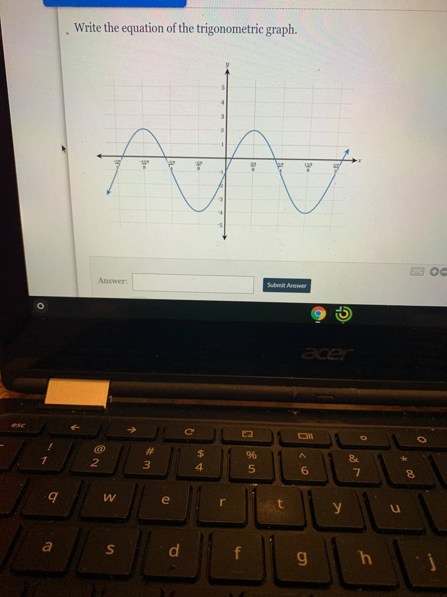 Write the equation of the trigonometric graph.
3.
-15
15t
Answer:
Submit Answer
acer
esc
23
$4
&
2
3
4
7
8.
e
r
a
d
f
