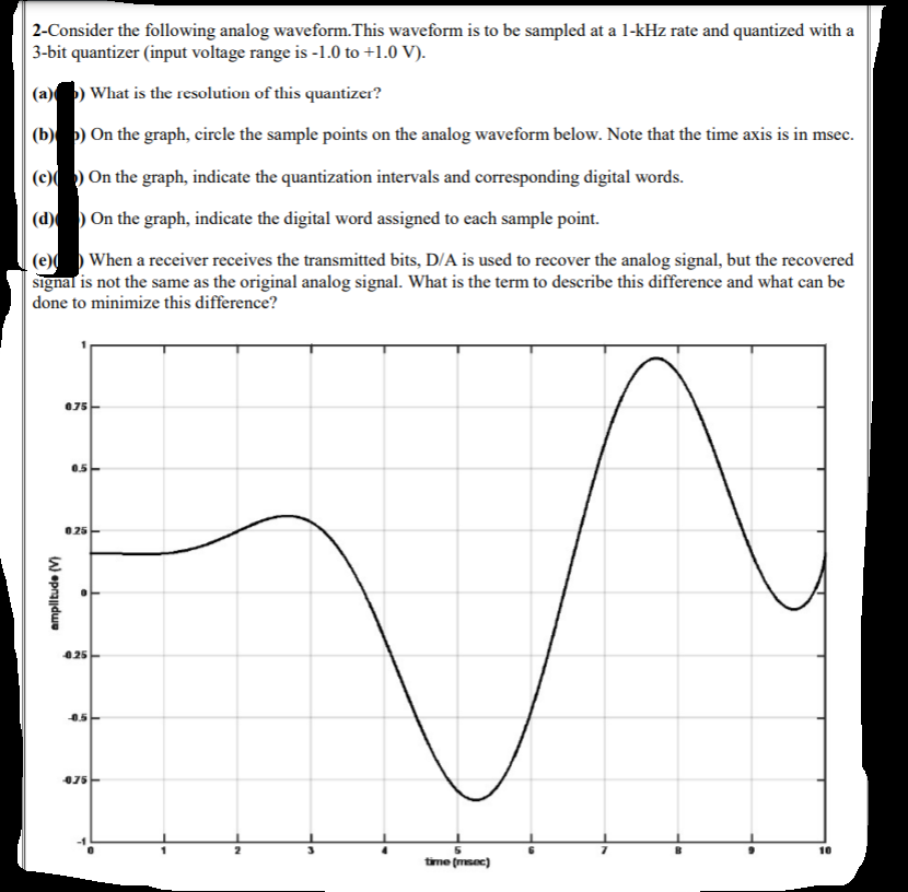 | 2-Consider the following analog waveform.This waveform is to be sampled at a 1-kHz rate and quantized with a
3-bit quantizer (input voltage range is -1.0 to +1.0 V).
(a) ) What is the resolution of this quantizer?
(b) p) On the graph, circle the sample points on the analog waveform below. Note that the time axis is in msec.
(c)() On the graph, indicate the quantization intervals and corresponding digital words.
(d) ) On the graph, indicate the digital word assigned to each sample point.
(e)() When a receiver receives the transmitted bits, D/A is used to recover the analog signal, but the recovered
signal is not the same as the original analog signal. What is the term to describe this difference and what can be
done to minimize this difference?
075
0.5-
025
025
0.5
075
10
time (msec)
W oprajjdwe
