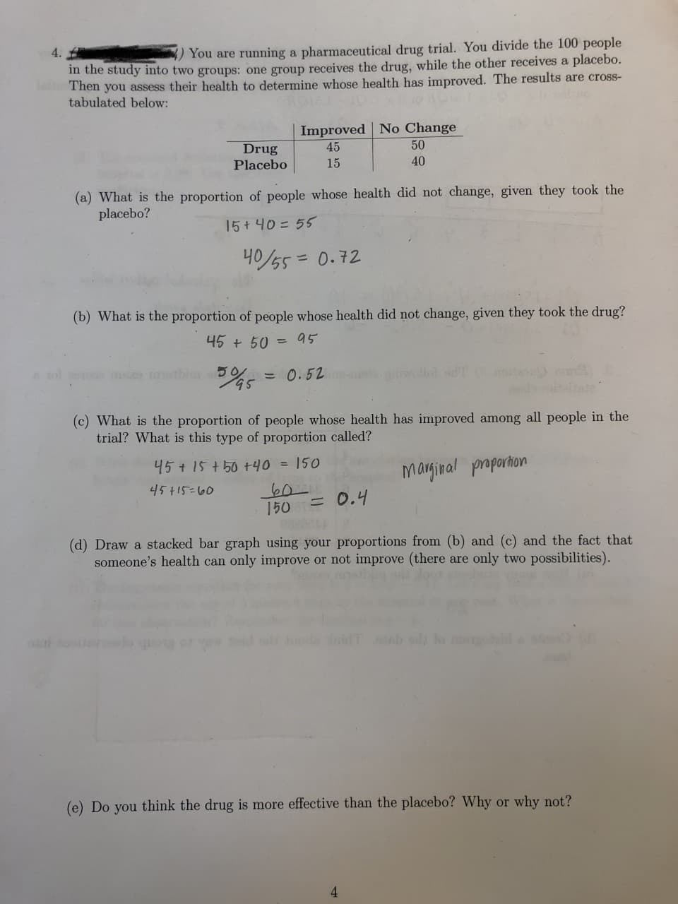 4.
You are running a pharmaceutical drug trial. You divide the 100 people
in the study into two groups: one group receives the drug, while the other receives a placebo.
Then you assess their health to determine whose health has improved. The results are cross-
tabulated below:
Improved No Change
45
Drug
Placebo
50
40
15
(a) What is the proportion of people whose health did not change, given they took the
placebo?
15+40= 55
(b) What is the proportion of people whose health did not change, given they took the drug?
44 50= 95
bi
0
G5
O.52
11
(c) What is the proportion of people whose health has improved among all people in the
trial? What is this type of proportion called?
45t 15t50 +40
150
Manginal paparton
45t15-00
0.4
150
8800
(d) Draw a stacked bar graph using your proportions from (b) and (c) and the fact that
someone's health can only improve
or not improve (there are only two possibilities).
endo qo
(e) Do you think the drug is more effective than the placebo? Why
or why not?
4
