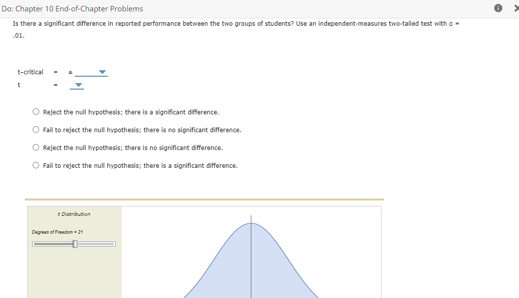 Do: Chapter 10 End-of-Chapter Problems
Is there a significant difference in reported performance between the two groups of students? Use an independent-measures two-tailed test with a =
.01.
t-critical
O Reject the null hypothesis; there is a significant difference.
Fail to reject the null hypothesis; there is no significant difference.
O Reject the null hypothesis; there is no significant difference.
O Fail to reject the null hypothesis; there is a significant difference.
t Distribution
Degrees of Freedom = 21
