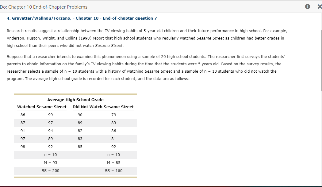 Do: Chapter 10 End-of-Chapter Problems
4. Gravetter/Wallnau/Forzano, - Chapter 10 - End-of-chapter question 7
Research results suggest a relationship between the TV viewing habits of 5-year-old children and their future performance in high school. For example,
Anderson, Huston, Wright, and Collins (1998) report that high school students who regularly watched Sesame Street as children had better grades in
high school than their peers who did not watch Sesame Street.
Suppose that a researcher intends to examine this phenomenon using a sample of 20 high school students. The researcher first surveys the students'
parents to obtain information on the family's TV viewing habits during the time that the students were 5 years old. Based on the survey results, the
researcher selects a sample of n = 10 students with a history of watching Sesame Street and a sample ofn = 10 students who did not watch the
program. The average high school grade is recorded for each student, and the data are as follows:
Average High School Grade
Watched Sesame Street
Did Not Watch Sesame Street
86
99
90
79
87
97
89
83
91
94
82
86
97
89
83
81
98
92
85
92
n = 10
n = 10
M = 93
M = 85
SS = 200
SS = 160
