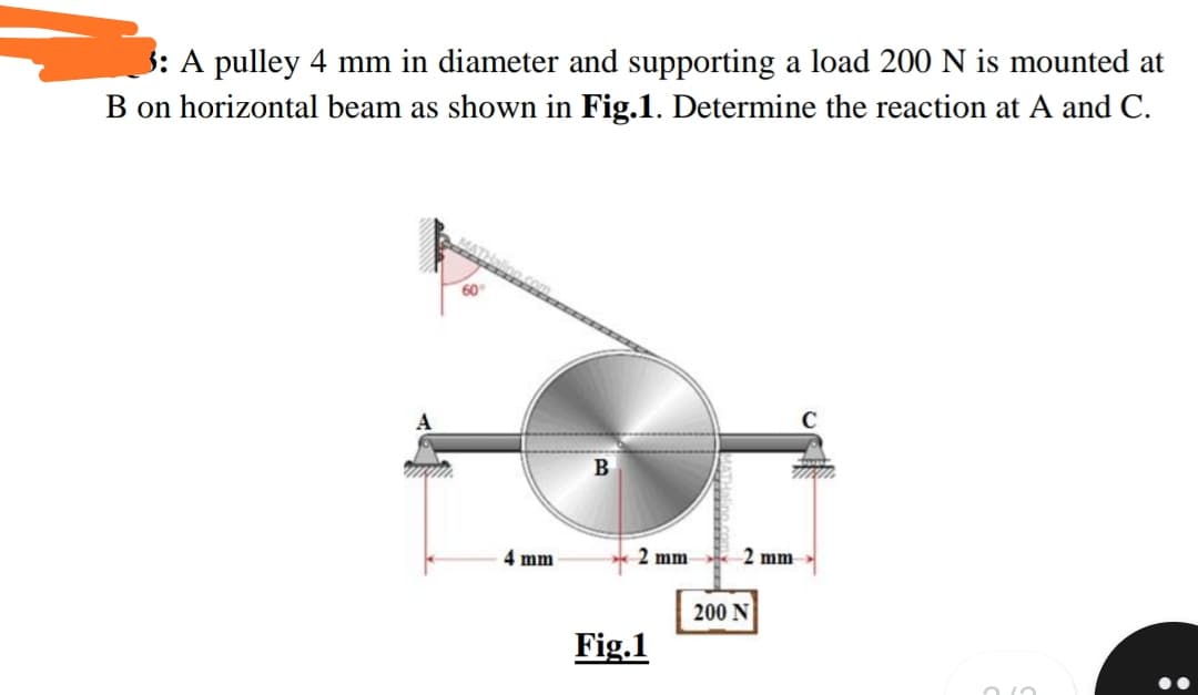 3: A pulley 4 mm in diameter and supporting a load 200 N is mounted at
B on horizontal beam as shown in Fig.1. Determine the reaction at A and C.
60
C
B
4 mm
2 mm
2 mm
200 N
Fig.1
