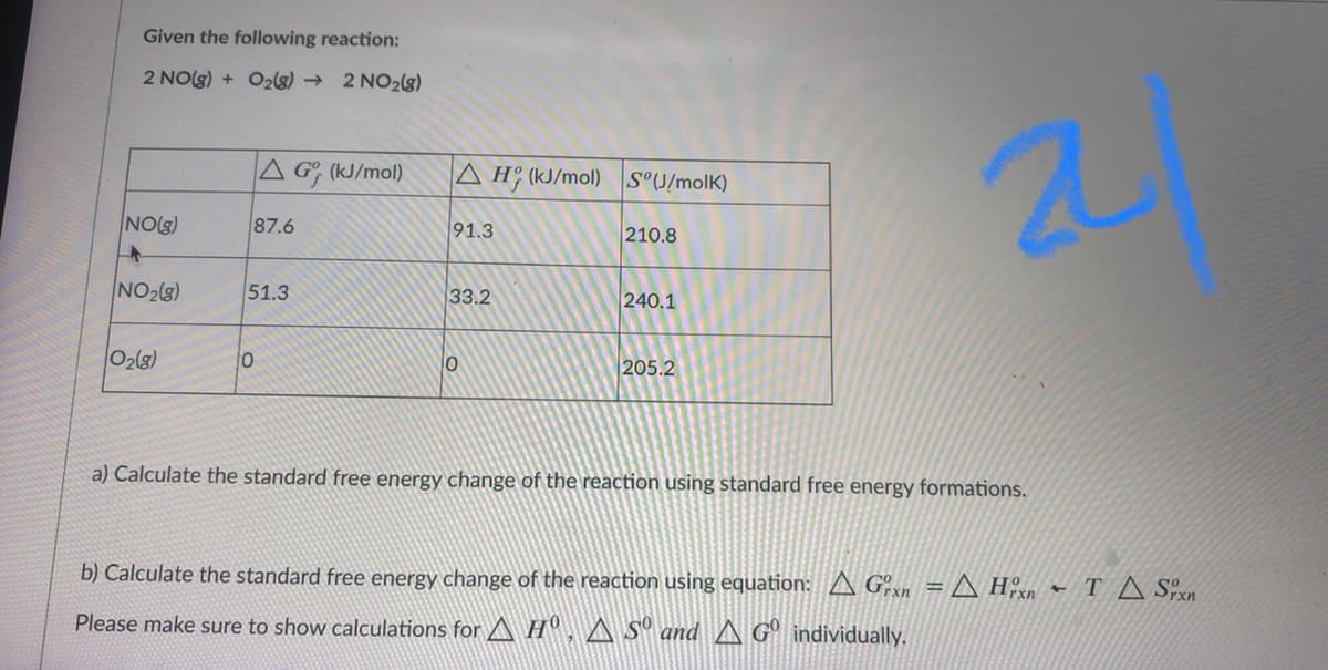 Given the following reaction:
2 NO(g) + O2s) → 2 NO2(g)
A GG (kJ/mol)
A H (kJ/mol)
S°U/molK)
NO(g)
87.6
91.3
210.8
NO2(s)
51.3
33.2
240.1
O2(3)
lo
205.2
a) Calculate the standard free energy change of the reaction using standard free energy formations.
b) Calculate the standard free energy change of the reaction using equation: A Gxn = A H°xn - T A Sxn
Please make sure to show calculations for A H A S® and A G° individually.
