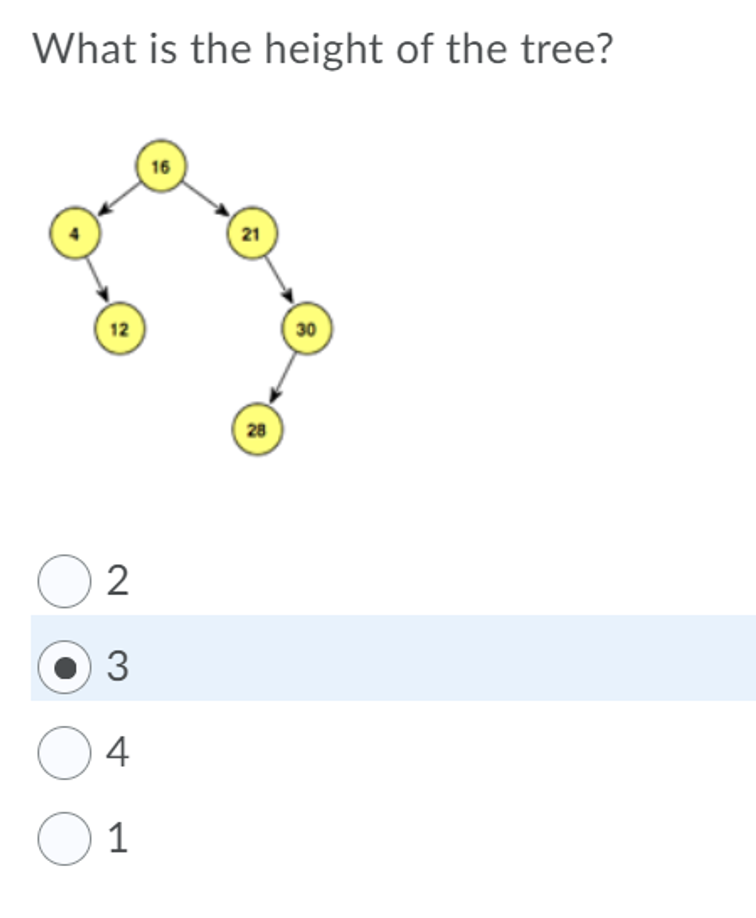 What is the height of the tree?
16
21
12
30
28
O 2
3
04
