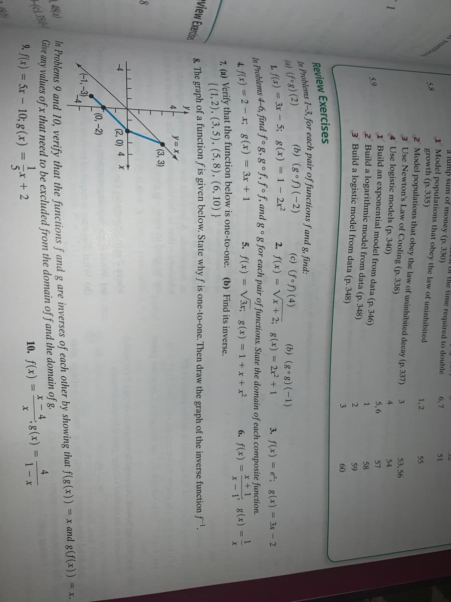 Cat OF the time required to double
å lump sum of money (p. 330)
1 Model populations that obey the law of uninhibited
growth (p. 335)
2 Model populations that obey the law of uninhibited decay (p. 337)
3 Use Newton's Law of Cooling (p. 338)
4 Use logistic models (p. 340)
1 Build an exponential model from data (p. 346)
2 Build a logarithmic model from data (p. 348)
3 Build a logistic model from data (p. 348)
6,7
51
5.8
1,2
55
3
53, 56
4
54
5,6
57
5.9
1
58
59
3
60
Review Exercises
(b) (gof)(-2)
(a) (fog) (2)
1. f(x) = 3x – 5; g(x) = 1 – 2r?
(c) (fof)(4)
2. f(x) = Vx + 2; g(x) = 2x² + 1
Problems 4-6, find f ° g, g ° f, ƒ° f, and g º g for each pair of functions. State the domain of each composite function.
(b) (g°g) (-1)
3. f(x) = e*; g(x) = 3x – 2
4. f(x) = 2 – x; g(x) = 3x + 1
7 (e) Verify that the function below is one-to-one. (b) Find its inverse.
{ (1,2), (3, 5), (5, 8), (6, 10) }
8 The graph of a function f is given below. State why f is one-to-one. Then draw the graph of the inverse function f.
5. f(x) = V3x; g(x) = 1 + x + x?
x + 1
1
6. f(x) = 8(x) =
eview Exerdser
4
y = X
(3, 3)
-4
(2, 0) 4 X
(0, -2)
(-1,-3)
n Problems 9 and 10, verify that the functions f and g are inverses of each other by showing that f(g(x)) = x and g(f(x)) = x.
any values of x that need to be excluded from the domain of f and the domain of g.
Give
40)
4
1
Ex + 2
X - 4
;8(x)
9. f(x) = 5x – 10; g (x)
10. f(x)
1- x
%3D
