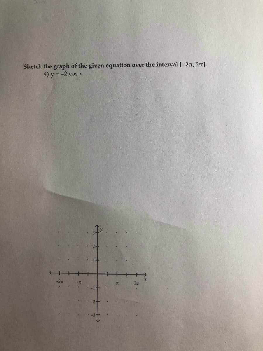 Sketch the graph of the given equation over the interval [-2n, 27].
4) y =-2 cos x
-2n
