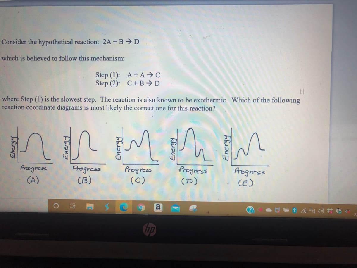 Consider the hypothetical reaction: 2A + B D
which is believed to follow this mechanism:
Step (1): A+ A C
Step (2): C+B→ D
where Step (1) is the slowest step. The reaction is also known to be exothermic. Which of the following
reaction coordinate diagrams is most likely the correct one for this reaction?
in
Progress
(A)
Progress
(B)
Progress
(C)
Arogress
CE)
(D)
a
Chp
近
